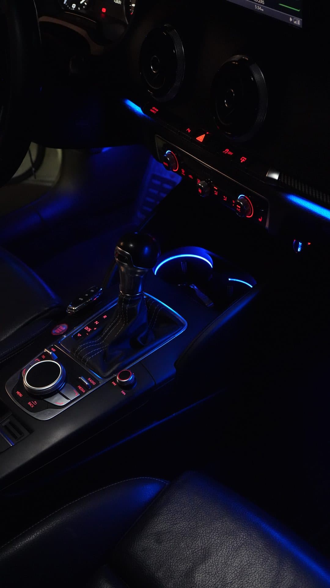 Audi S3 — center console, shifter and cup holder glow