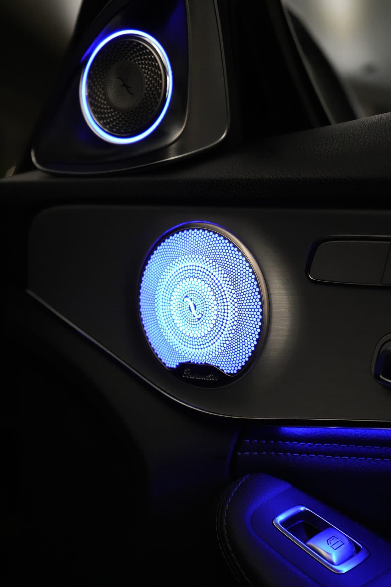 Mercedes C-Class — door speaker panel, full blue ambient