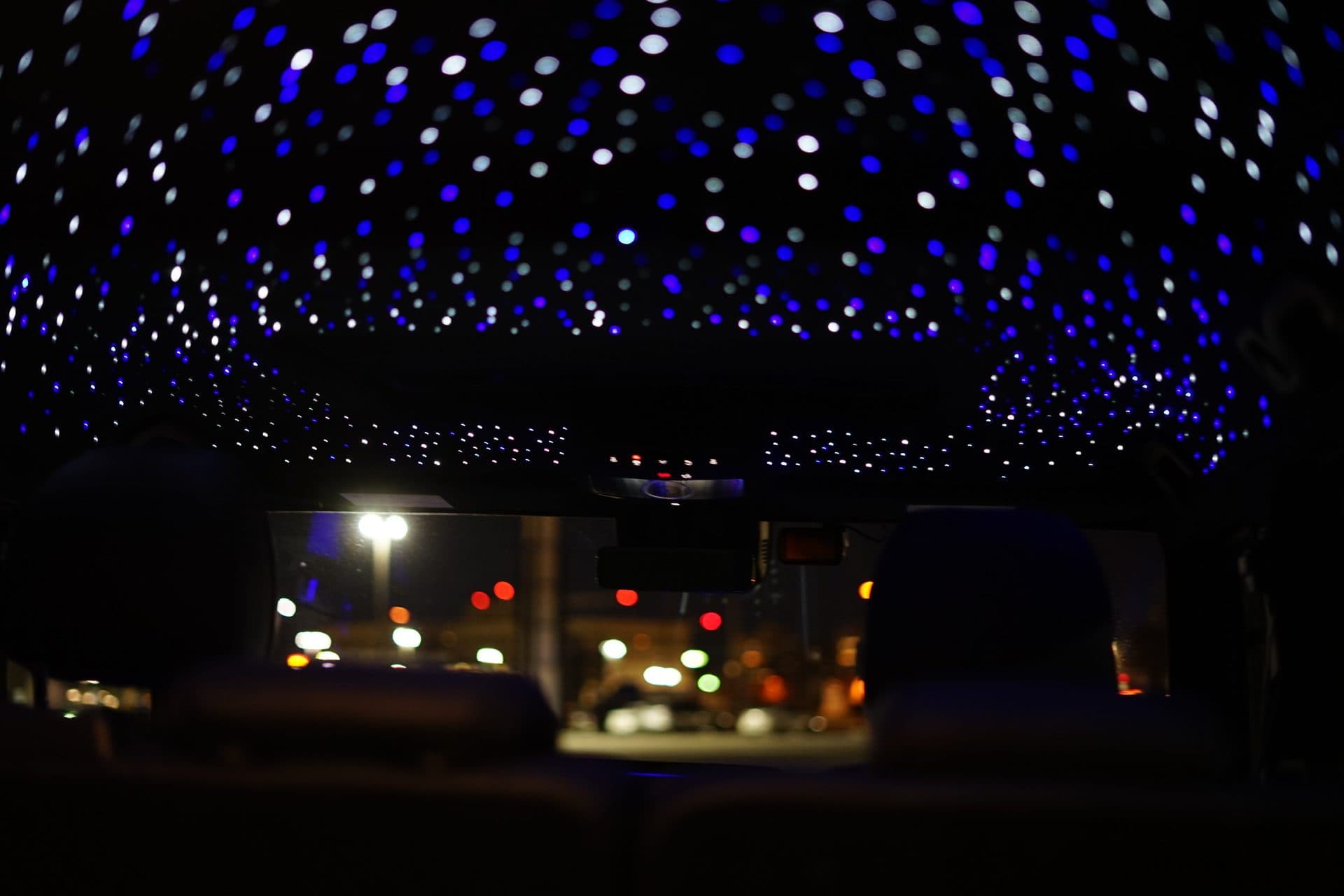 G-Wagon starlight — wide interior with headliner lit